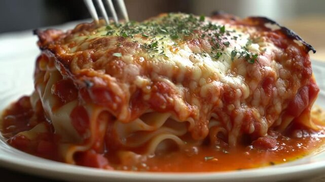 Golden brown cheesy lasagna sits on white plate, rich tomato sauce flows, green herbs garnish top