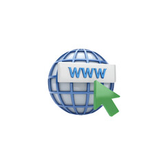 The globe represents access to the Internet. A white rectangular banner displays the letters “WWW.” and a green arrow serves as a clicking cursor at the bottom, on a transparent background