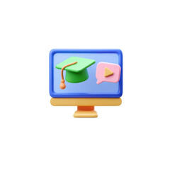 Cartoon-like monitor displays a light blue screen, which features a green graduation cap hovering in the center. To the side, a pink speech bubble contains a peach play icon, transparent background