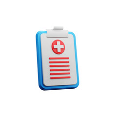 The white and blue clipboard has a clean, rounded design. The paper that holds the tablet features a large white medical cross with a transparent background