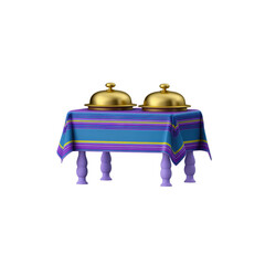 A business-themed table draped with a blue cloth featuring purple and gold stripes. Resting on the table are two covered dishes, each with a golden finish, transparent background