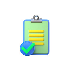 A clipboard with a sleek, suggestive of tasks or items. Overlaying the lower left corner is a raised, circular button in a bold blue, marked with a vibrant green checkmark, transparent background