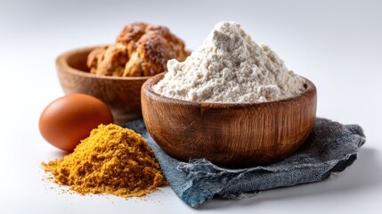 Various Baking Ingredients Including Flour, Eggs, Sugar in Wooden Bowls Isolated on White Background