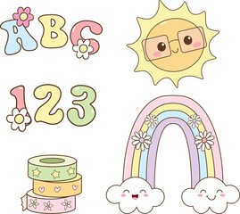 Kawaii School Icon Set &ndash; ABC, 123, Sun, Rainbow
