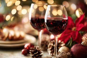 Two glasses of red wine surrounded by festive Christmas decorations and warm bokeh lights in the background.