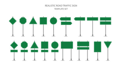 Realistic Road Traffic Sign Template Set. Green Road Sign Set