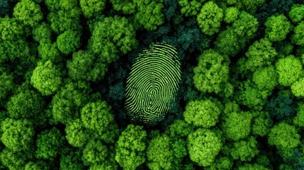 Canvas schilderij Groen Aerial view of a dense green forest with a large yellow fingerprint symbol at the center, representing identity and environmental conservation.  © Padungpong