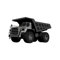A grayscale illustration of a heavy-duty mining dump truck, showcasing its robust build and powerful design, ideal for industrial or construction themes.