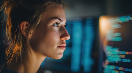 Focused woman closely studies computer code on a screen in a dimly lit environment.