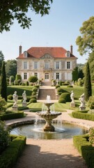 Obraz premium Elegant French Chateau with Formal Gardens and Central Fountain