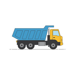 Fototapeta premium A simple, clean illustration of a blue and yellow dump truck, depicted in profile view on a white background.
