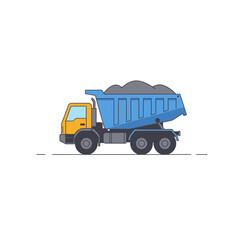 Fototapeta premium A blue dump truck with a yellow cab carries a load of grey gravel on a white background with a thin grey line representing the road.