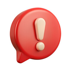 3d red speech bubble with white exclamation mark icon, on Transparent background