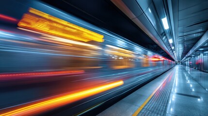A high-speed train blurs through a modern, sleek underground station with vibrant lighting and reflective floors.