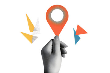 Black and white hand holds a red location pin. Destination sign in an arm in a modern collage style. Illustration on transparent background