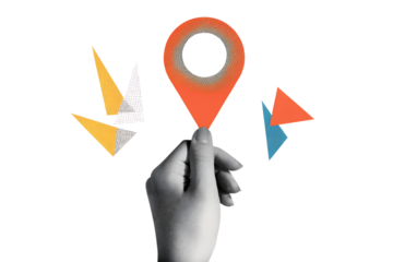 Black and white hand holds a red location pin. Destination sign in an arm in a modern collage style. Illustration on transparent background