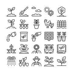 Collection of Black and White Line Art Gardening Icons Featuring Plants Seeds Tools a Farmer Chickens and More