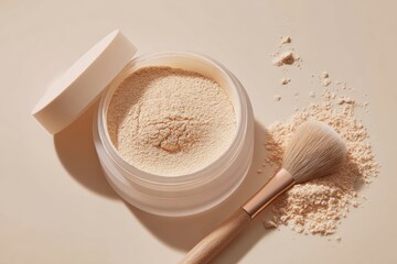 A jar of loose face powder with a makeup brush, both resting on a beige surface, showcasing a soft, natural makeup setting.