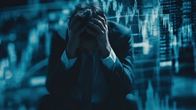 A stressed businessman in a suit holds his head with hands amid a backdrop of declining stock market graphs.