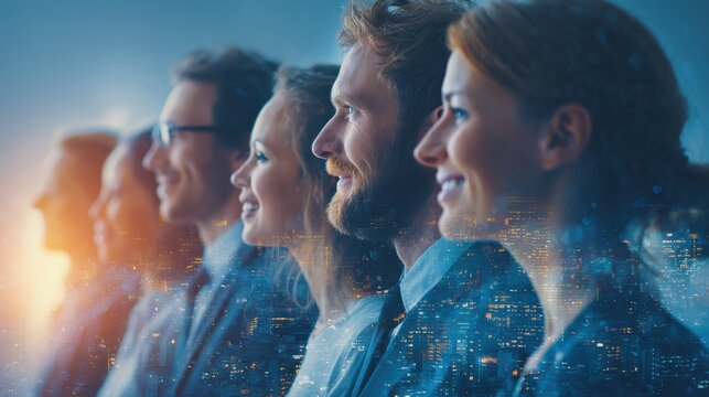 A diverse group of professionals looking forward with optimism, overlaid with a cityscape, symbolizing innovation and future growth.