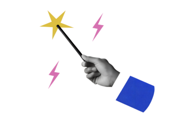 A hand holding a magic wand with star. Modern collage style. Illustration on transparent background