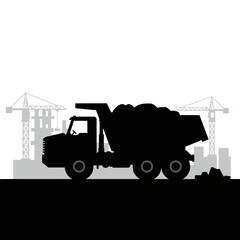 Naklejka premium Silhouette of a dump truck at a construction site, with cranes and buildings in the background, conveying a sense of industry and progress.