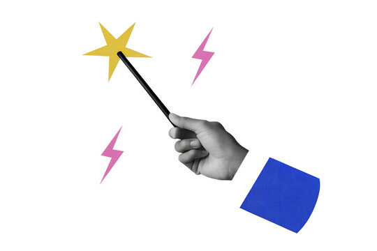 A hand holding a magic wand with star. Modern collage style. Illustration on transparent background