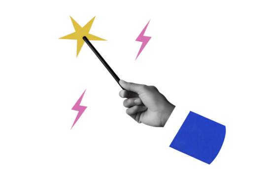 A hand holding a magic wand with star. Modern collage style. Illustration on transparent background
