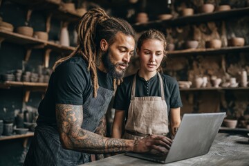 Two artisans in aprons work together on a laptop in a pottery studio filled with clay pots and shelves.