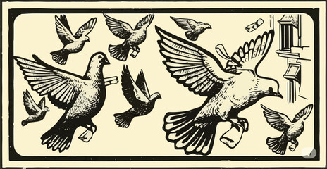 Create a kinds of deferent Pigeon mail sketch vector art with white background .