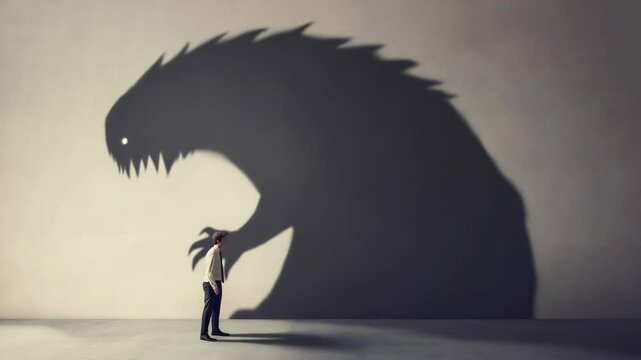 Businessman battling personal inner shadows. Confronting psychological barriers through powerful metaphorical struggle. Transforming workplace stress into resilient self mastery and emotional growth