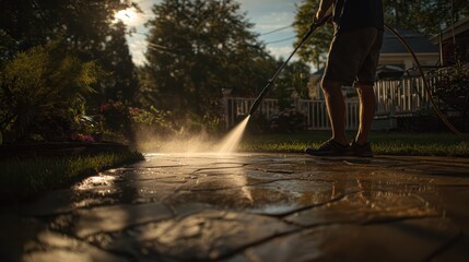 A person power washes a stone patio in a backyard during the golden hour, with water spray illuminated by sunlight.