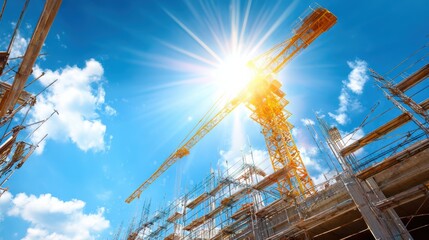 Bright sun shines over a construction site with cranes and steel framework against a blue sky with scattered clouds.