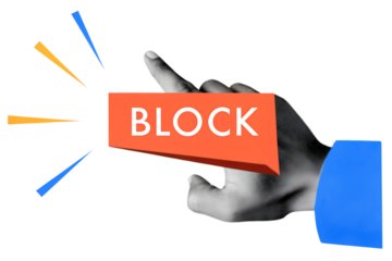 Black and white hand press Block button. Modern collage style. Illustration on transparent background