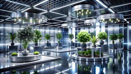 A futuristic stage with plants and circular lights is ready for a presentation