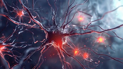 Microscopic view of nerve tissue showing neurons with long axons, dendrites, and a cell body, along with glial cells, highlighting their role in transmitting electrical signals and facilitating commun