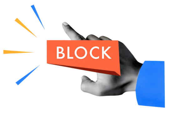 Black and white hand press Block button. Modern collage style. Illustration on transparent background