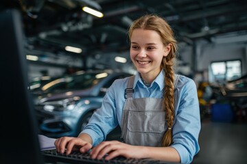 A young woman mechanic with a long braid smiles while working on a computer in a car repair garage.