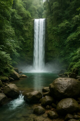 Obraz premium Tall Waterfall Cascades Into Rocky Pool. Surrounded by moss-covered rocks and dense, misty rainforest, the scene is tranquil and untouched, with fine mist rising from the impact zone.
