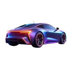 Futuristic sports car with neon lights and a shimmering reflection 