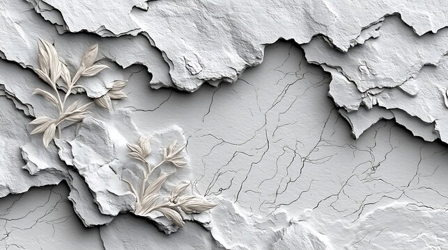 Textured stone surface with vintage leaves and scroll details high resolution background