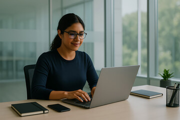 Smart female professional working in dark blue top at laptop with clean background and phone nearby