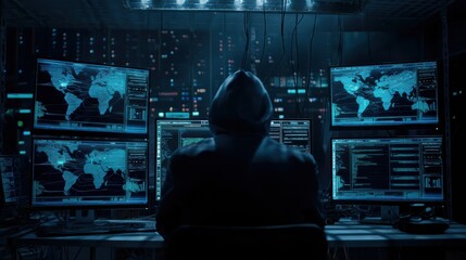 A hooded figure sits in a dark room, surrounded by multiple monitors displaying world maps and code, evoking a high-tech cyber espionage or hacking scene.