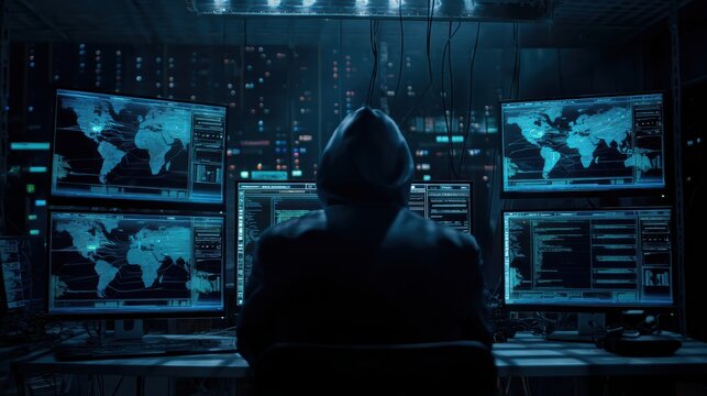 A hooded figure sits in a dark room, surrounded by multiple monitors displaying world maps and code, evoking a high-tech cyber espionage or hacking scene.