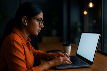 Serious woman working on laptop at night with glasses and moody light in warm office setting