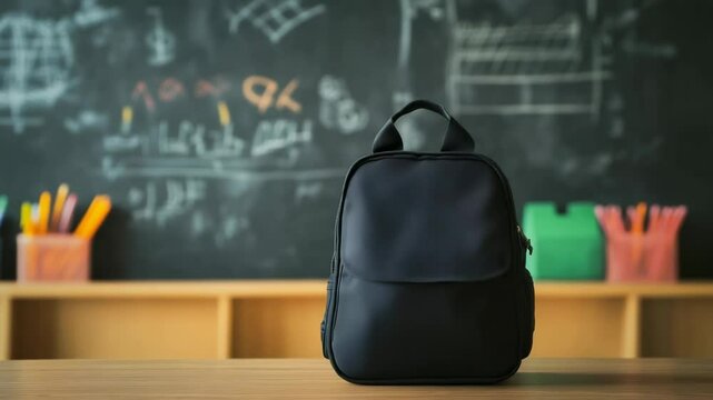 Empty classroom featuring a school backpack resting on a desk, with a blackboard filled with colorful scribbles and drawings, creating a vibrant back to school atmosphere