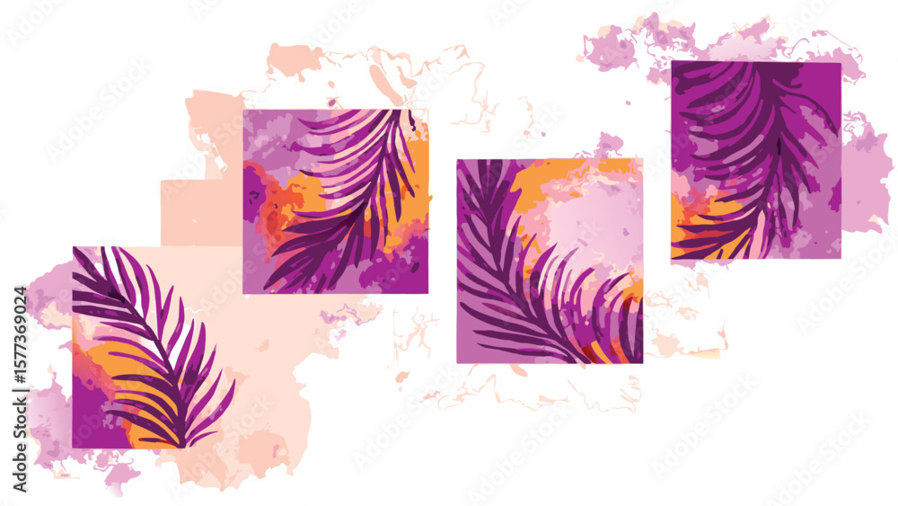 Poster purple palm leaves in square frames with watercolor textures on a white background create a pattern 