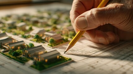 Close-up of a hand holding a pencil working on a detailed architectural model and blueprint of a residential housing project.