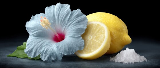 White hibiscus flower lemon slice whole lemon and salt crystals on a dark background