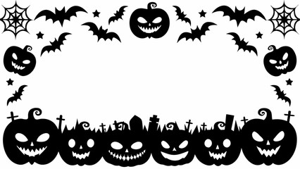 A spooky, dark autumn night illustration with a Halloween pumpkin frame, bats, and a black cat silhouette